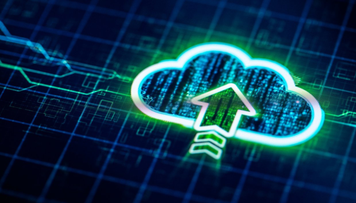 Cloud with arrow through it to signify cloud computing