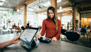 Customer swiping credit card at payment terminal in business
